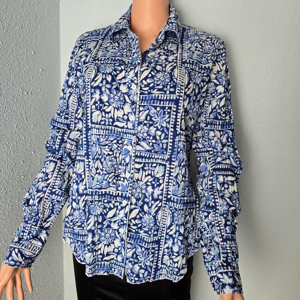 Cino Blue White Floral Tile Print Crinkle Cotton Button Down Shirt Small